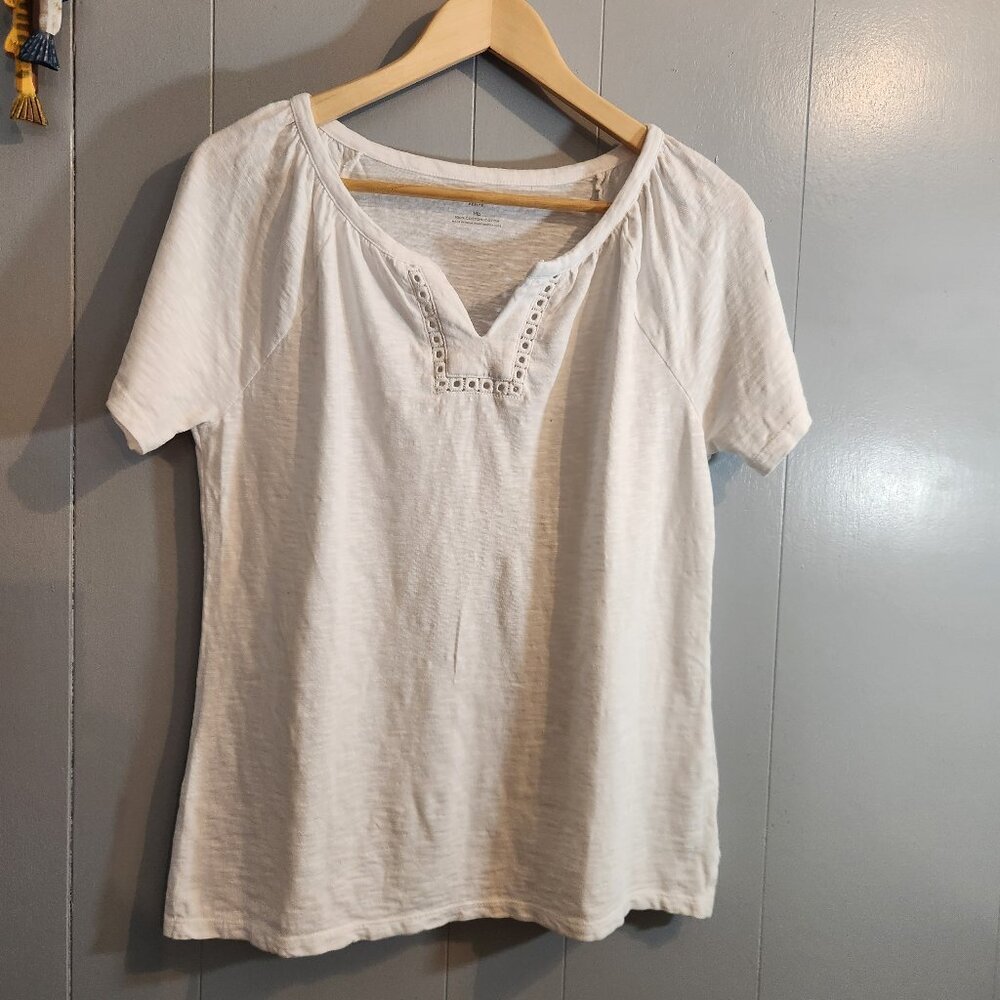 Talbots white notched neck eyelet trim tshirt shirt blouse top